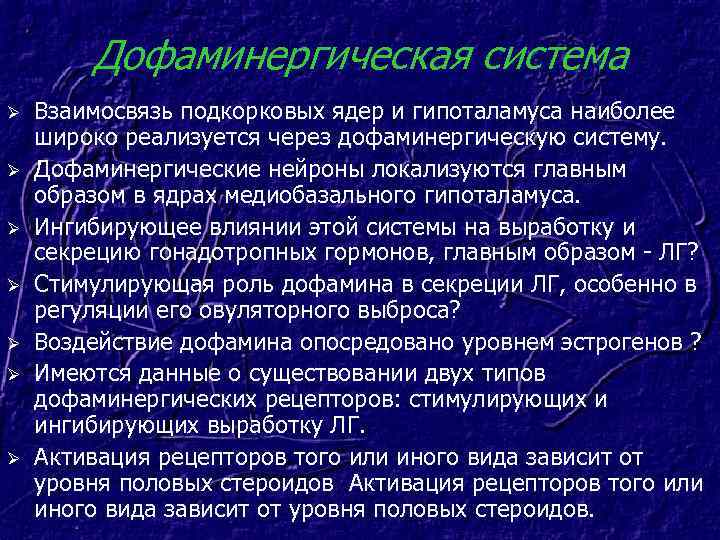 Дофаминергическая система Ø Ø Ø Ø Взаимосвязь подкорковых ядер и гипоталамуса наиболее широко реализуется