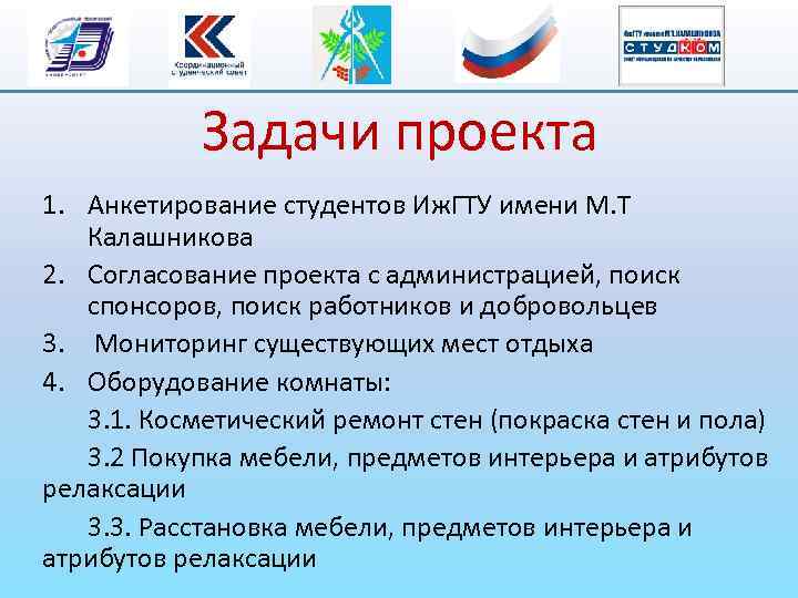 Задачи проекта 1. Анкетирование студентов Иж. ГТУ имени М. Т Калашникова 2. Согласование проекта