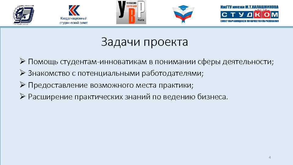 Задачи проекта Ø Помощь студентам-инноватикам в понимании сферы деятельности; Ø Знакомство с потенциальными работодателями;