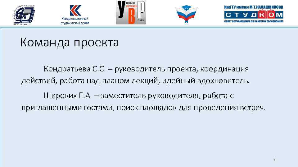 Команда проекта Кондратьева С. С. – руководитель проекта, координация действий, работа над планом лекций,