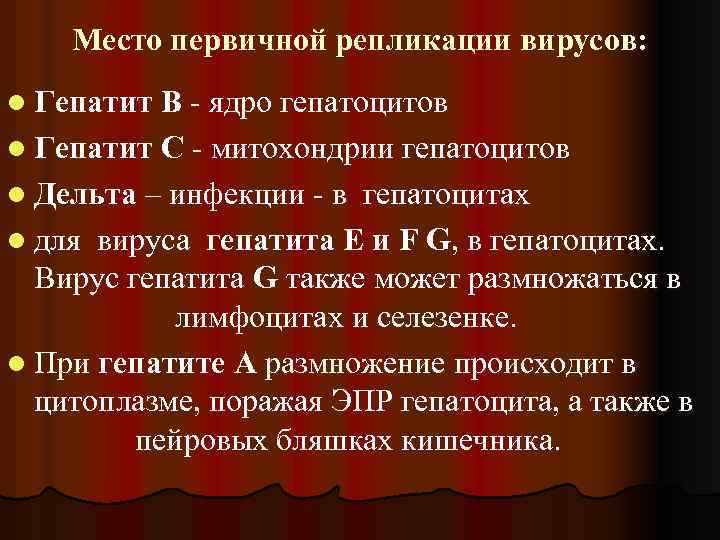 Место первичной репликации вирусов: l Гепатит В - ядро гепатоцитов l Гепатит С -