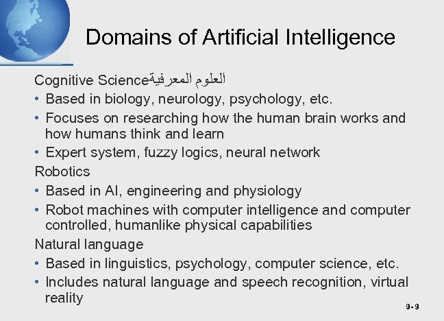 Domains of Artificial Intelligence Cognitive Science ﺍﻟﻌﻠﻮﻡ ﺍﻟﻤﻌﺮﻓﻴﺔ • Based in biology, neurology, psychology,