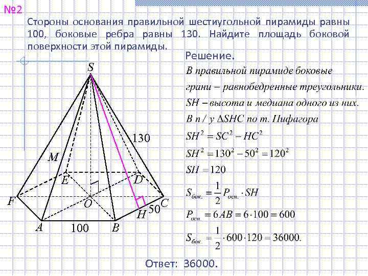 № 2 Стороны основания правильной шестиугольной пирамиды равны 100, боковые ребра равны 130. Найдите