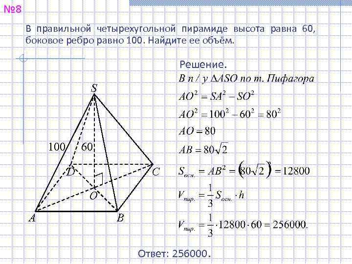 № 8 В правильной четырехугольной пирамиде высота равна 60, боковое ребро равно 100. Найдите