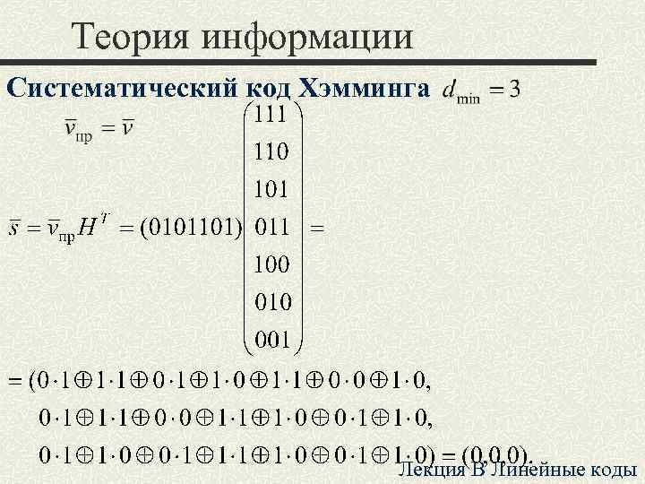 Теория информации Систематический код Хэмминга Лекция B Линейные коды 