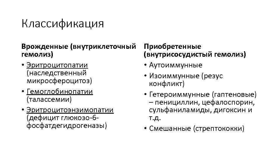 Классификация Врожденные (внутриклеточный гемолиз) • Эритроцитопатии (наследственный микросфероцитоз) • Гемоглобинопатии (талассемии) • Эритроцитоэнзимопатии (дефицит