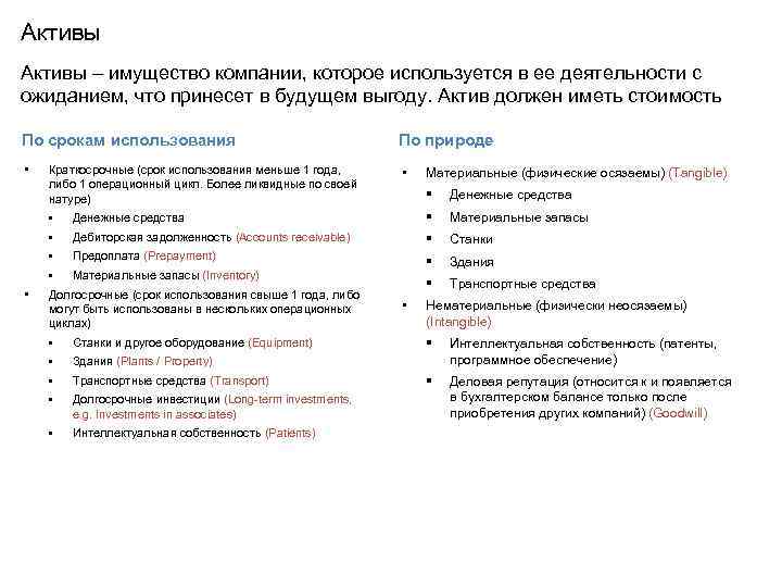 Активы – имущество компании, которое используется в ее деятельности с ожиданием, что принесет в