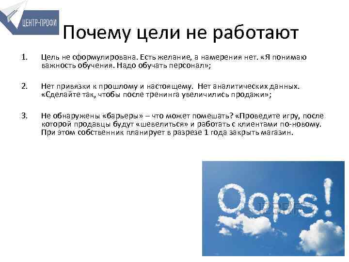 Почему цели не работают 1. Цель не сформулирована. Есть желание, а намерения нет. «Я