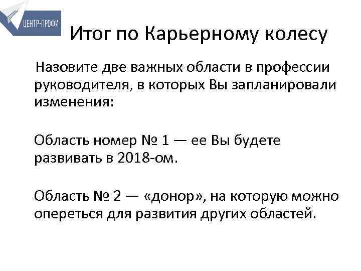 Итог по Карьерному колесу Назовите две важных области в профессии руководителя, в которых Вы