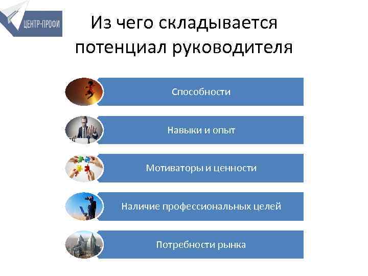 Из чего складывается потенциал руководителя Способности Навыки и опыт Мотиваторы и ценности Наличие профессиональных