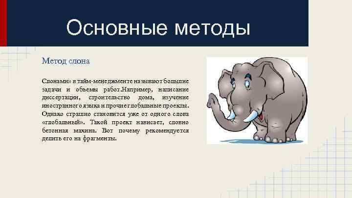 Основные методы Метод слона Слонами» в тайм-менеджменте называют большие задачи и объемы работ. Например,