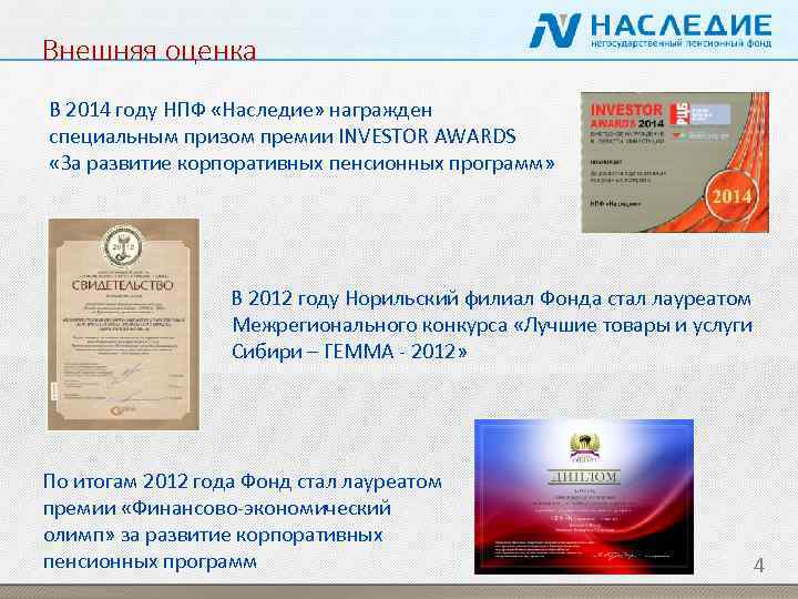 Внешняя оценка В 2014 году НПФ «Наследие» награжден специальным призом премии INVESTOR AWARDS «За