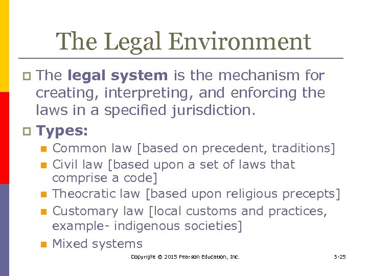 The Legal Environment The legal system is the mechanism for creating, interpreting, and enforcing