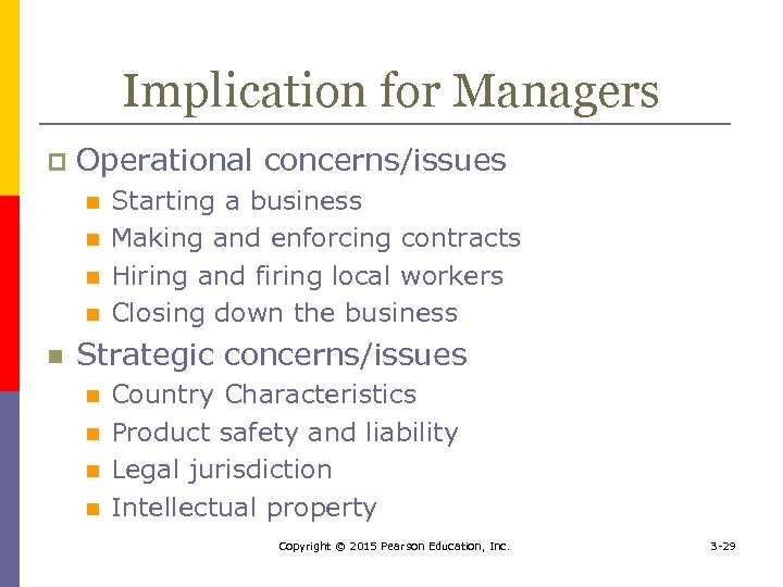 Implication for Managers p Operational concerns/issues n n n Starting a business Making and