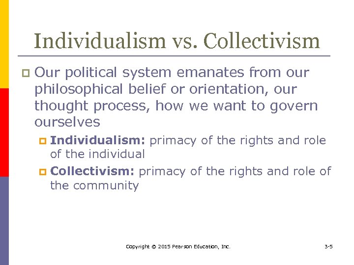 Individualism vs. Collectivism p Our political system emanates from our philosophical belief or orientation,