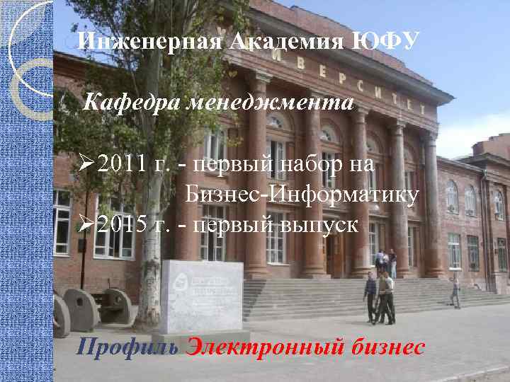 Инженерная Академия ЮФУ Кафедра менеджмента Ø 2011 г. - первый набор на Бизнес-Информатику Ø