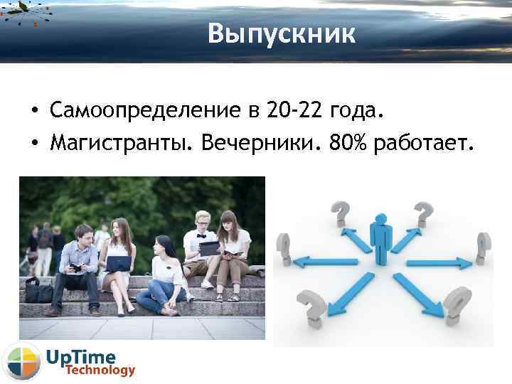 Выпускник • Самоопределение в 20 -22 года. • Магистранты. Вечерники. 80% работает. 