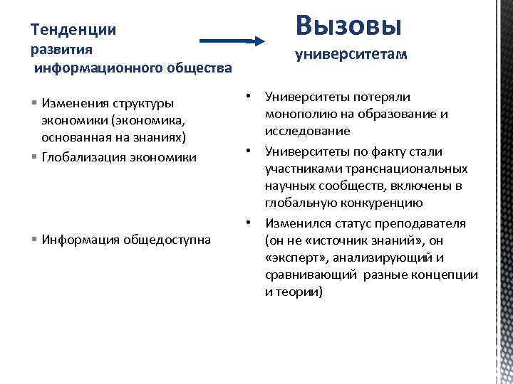 Тенденции развития информационного общества § Изменения структуры экономики (экономика, основанная на знаниях) § Глобализация