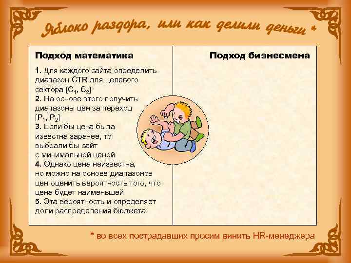 Подход математика Подход бизнесмена 1. Для каждого сайта определить диапазон CTR для целевого сектора