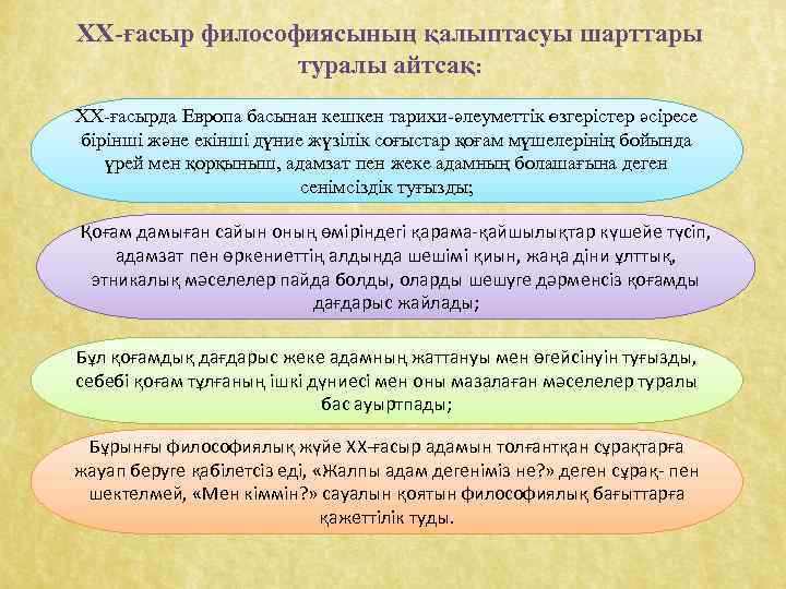 XX-ғасыр философиясының қалыптасуы шарттары туралы айтсақ: XX-ғасырда Европа басынан кешкен тарихи-әлеуметтік өзгерістер әсіресе бірінші