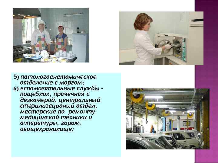 5) патологоанатомическое отделение с моргом; 6) вспомогательные службы пищеблок, прачечная с дезкамерой, центральный стерилизационый
