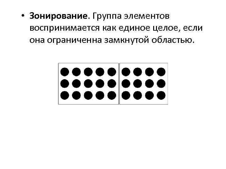  • Зонирование. Группа элементов воспринимается как единое целое, если она ограниченна замкнутой областью.