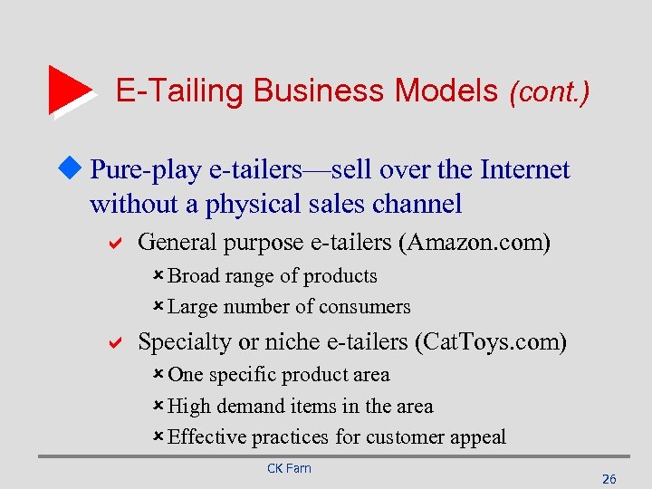 E-Tailing Business Models (cont. ) u Pure-play e-tailers—sell over the Internet without a physical