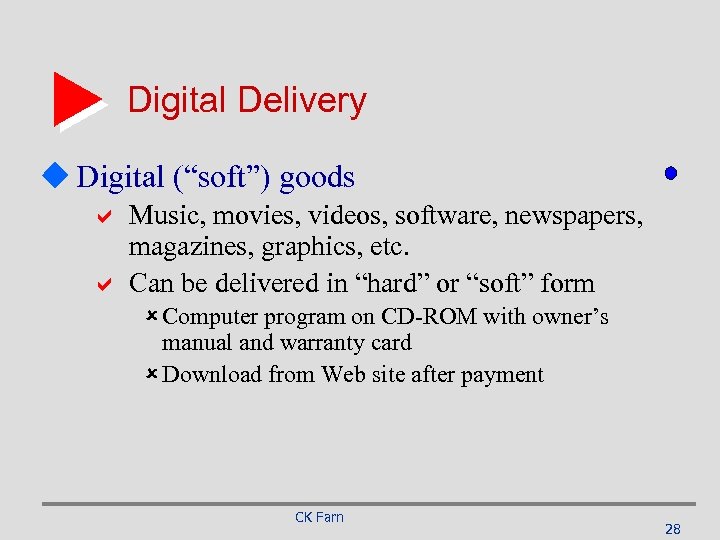 Digital Delivery u Digital (“soft”) goods a Music, movies, videos, software, newspapers, magazines, graphics,