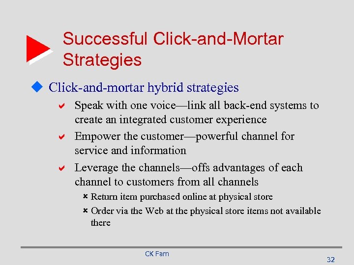 Successful Click-and-Mortar Strategies u Click-and-mortar hybrid strategies a Speak with one voice—link all back-end