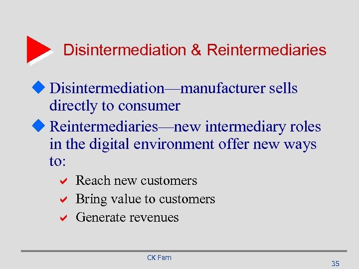 Disintermediation & Reintermediaries u Disintermediation—manufacturer sells directly to consumer u Reintermediaries—new intermediary roles in