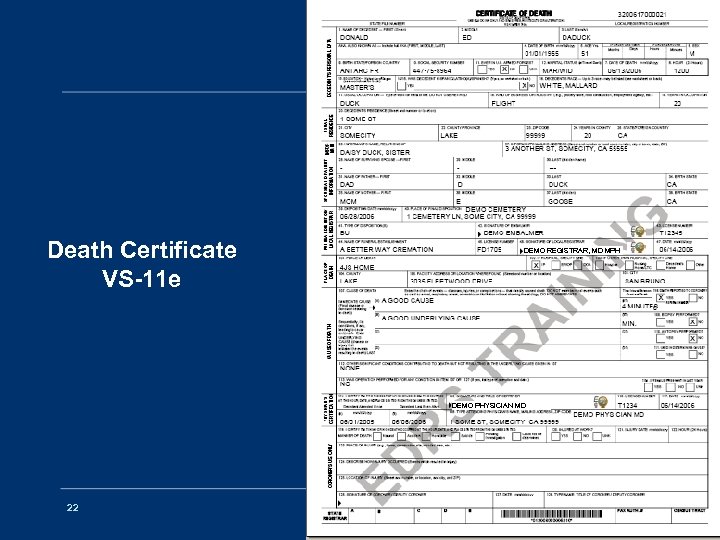 Death Certificate VS-11 e DEMO REGISTRAR, MD MPH DEMO PHYSICIAN MD 22 MEDICAL FACILITY