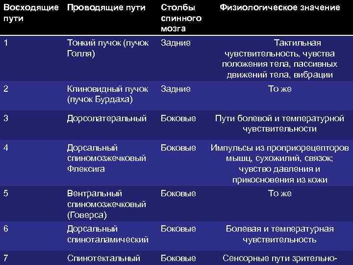 Восходящие Проводящие пути Столбы спинного мозга Физиологическое значение 1 Тонкий пучок (пучок Голля) Задние