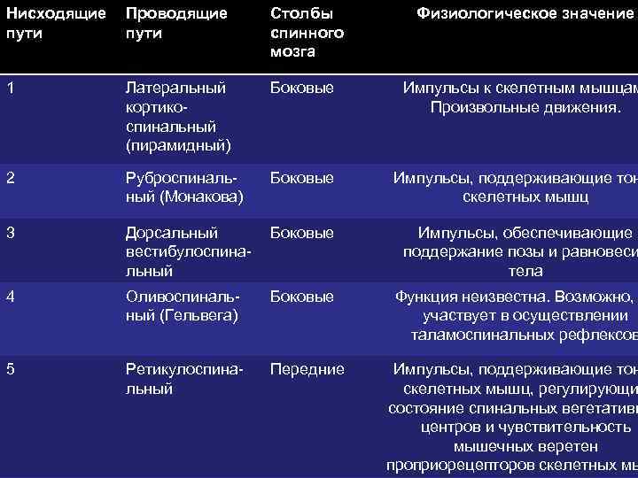 Нисходящие пути Проводящие пути Столбы спинного мозга Физиологическое значение 1 Латеральный кортикоспинальный (пирамидный) Боковые