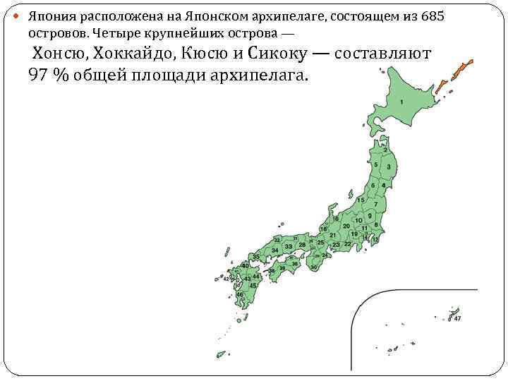  Япония расположена на Японском архипелаге, состоящем из 685 островов. Четыре крупнейших острова —