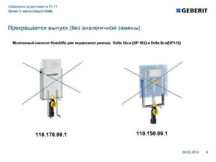 Изменения ассортимента PL 11 Бачки и инсталляции Delta Прекращается выпуск (без аналогичной замены) Монтажный