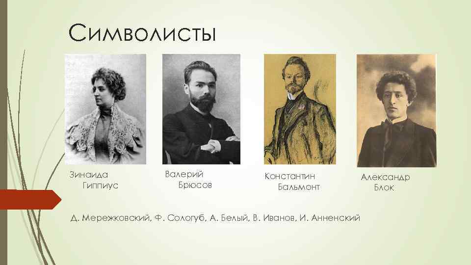 Символисты Зинаида Гиппиус Валерий Брюсов Константин Бальмонт Д. Мережковский, Ф. Сологуб, А. Белый, В.