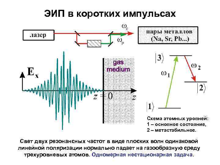ЭИП в коротких импульсах Схема атомных уровней: 1 основное состояние, 2 метастабильное. Свет двух
