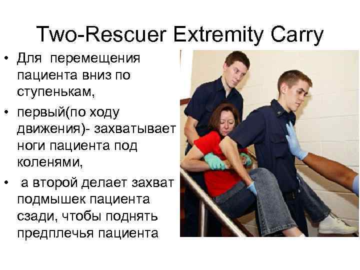 Two-Rescuer Extremity Carry • Для перемещения пациента вниз по ступенькам, • первый(по ходу движения)-