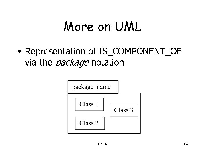More on UML • Representation of IS_COMPONENT_OF via the package notation Ch. 4 114