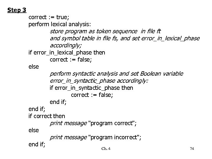 Step 3 correct : = true; perform lexical analysis: store program as token sequence