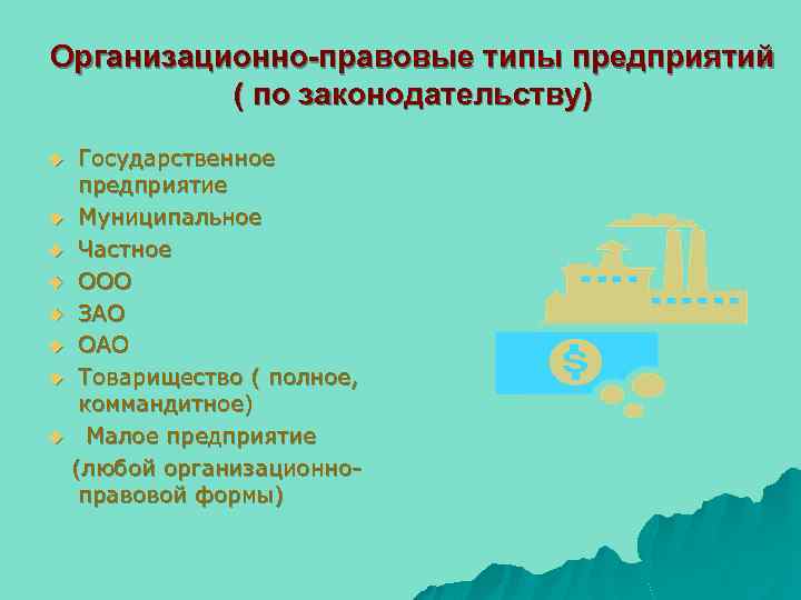 Организационно-правовые типы предприятий ( по законодательству) u u u u Государственное предприятие Муниципальное Частное