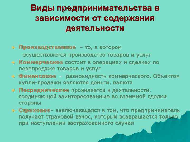 Виды предпринимательства в зависимости от содержания деятельности u u u Производственное – то, в