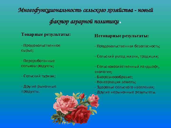 Многофункциональность сельского хозяйства - новый фактор аграрной политики. Товарные результаты: Нетоварные результаты: - Продовольственное