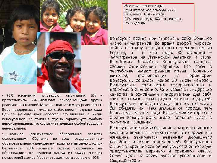 Название – венесуэльцы. Прилагательное: венесуэльский. Этногенез: 67% - метисы, 21% - европеоиды, 10% -