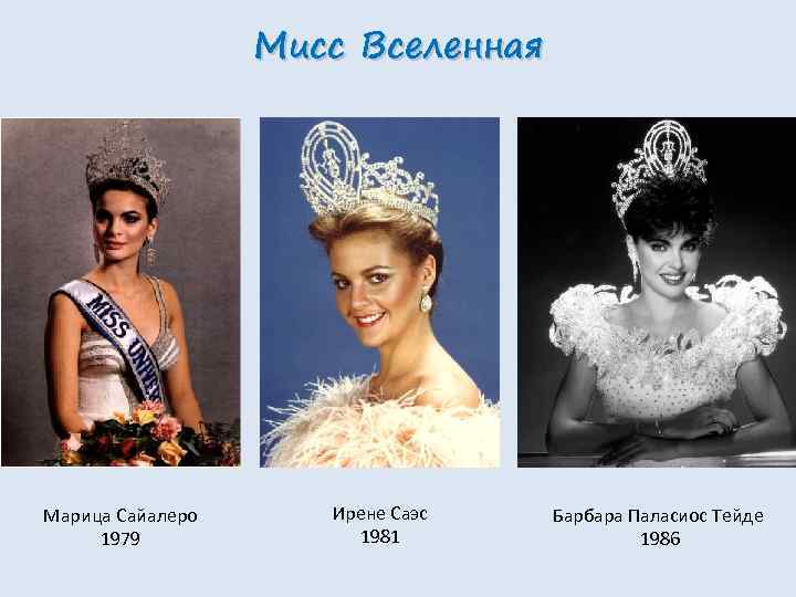 Мисс Вселенная Марица Сайалеро 1979 Ирене Саэс 1981 Барбара Паласиос Тейде 1986 