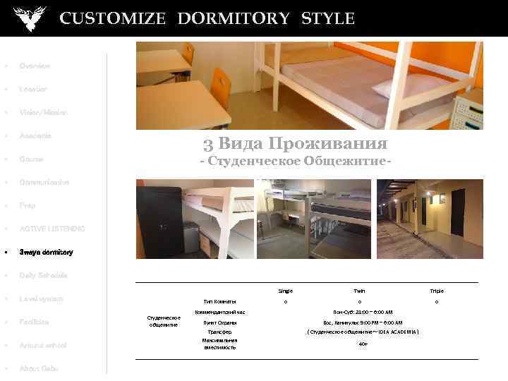 CUSTOMIZE　DORMITORY　STYLE • Overview • Location • Vision/Mission • Academic • Course • Communicative •