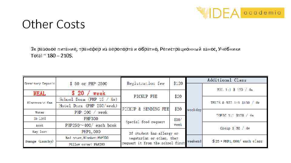 Other Costs 3 х разовое питание, трансфер из аеропорта и обратно, Регистрационный взнос, Учебники