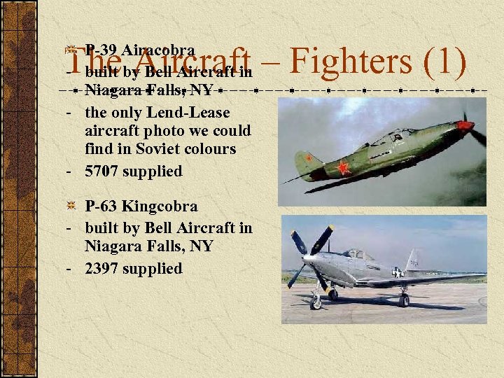 The Aircraft – Fighters (1) P-39 Airacobra - built by Bell Aircraft in Niagara