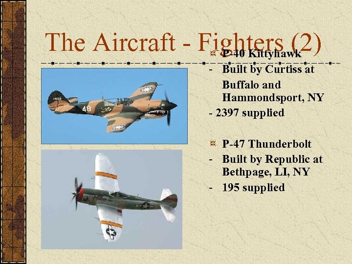 The Aircraft - Fighters (2) P-40 Kittyhawk - Built by Curtiss at Buffalo and