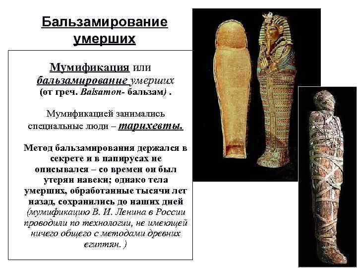 Бальзамирование умерших Мумификация или бальзамирование умерших (от греч. Balsamon- бальзам). Мумификацией занимались специальные люди